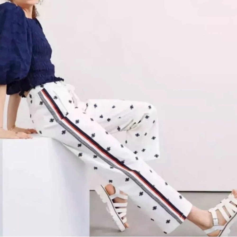 Maeve Anthropologie Bumble Bee Embroidered Track Pants Side Stripe Womens XS